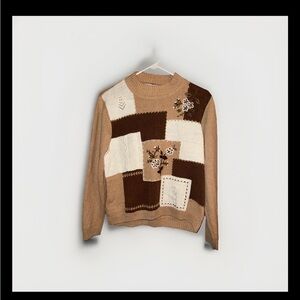 Alfred Dunner Patchwork Sweater - Brown and Cream